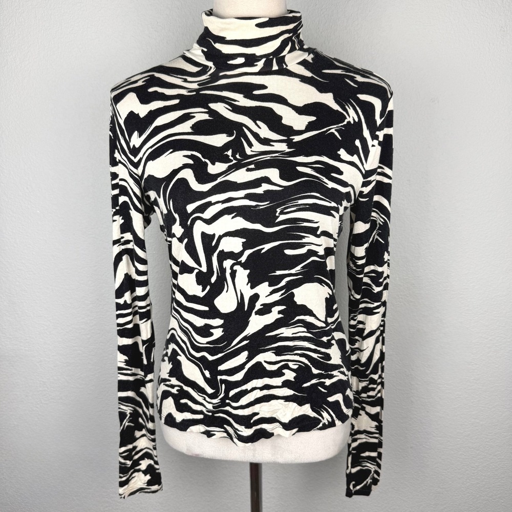 H&M Womens Black White Abstract Swirl Print Turtleneck Long Sleeve Top Size Med